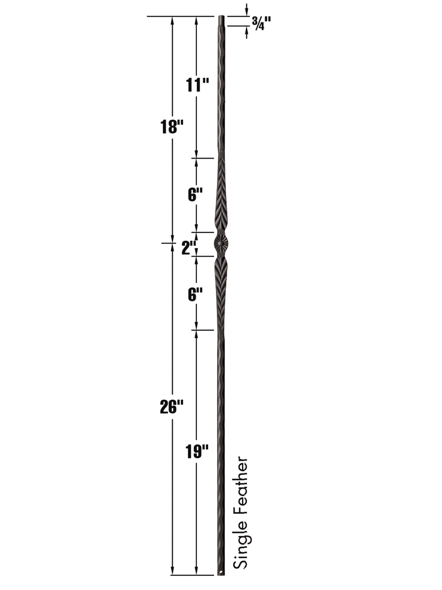 Iron Baluster 9021 - 9/16" Hammered Edge - Single Feather