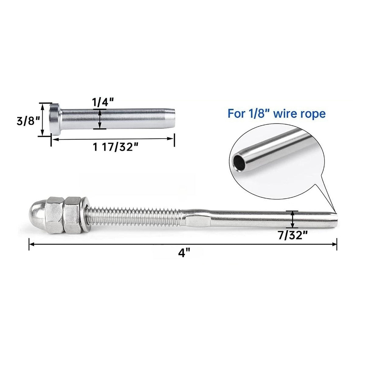 SteelX CC006 1/8" Cable Hardware - Threaded Terminal Stud End and Fixed End