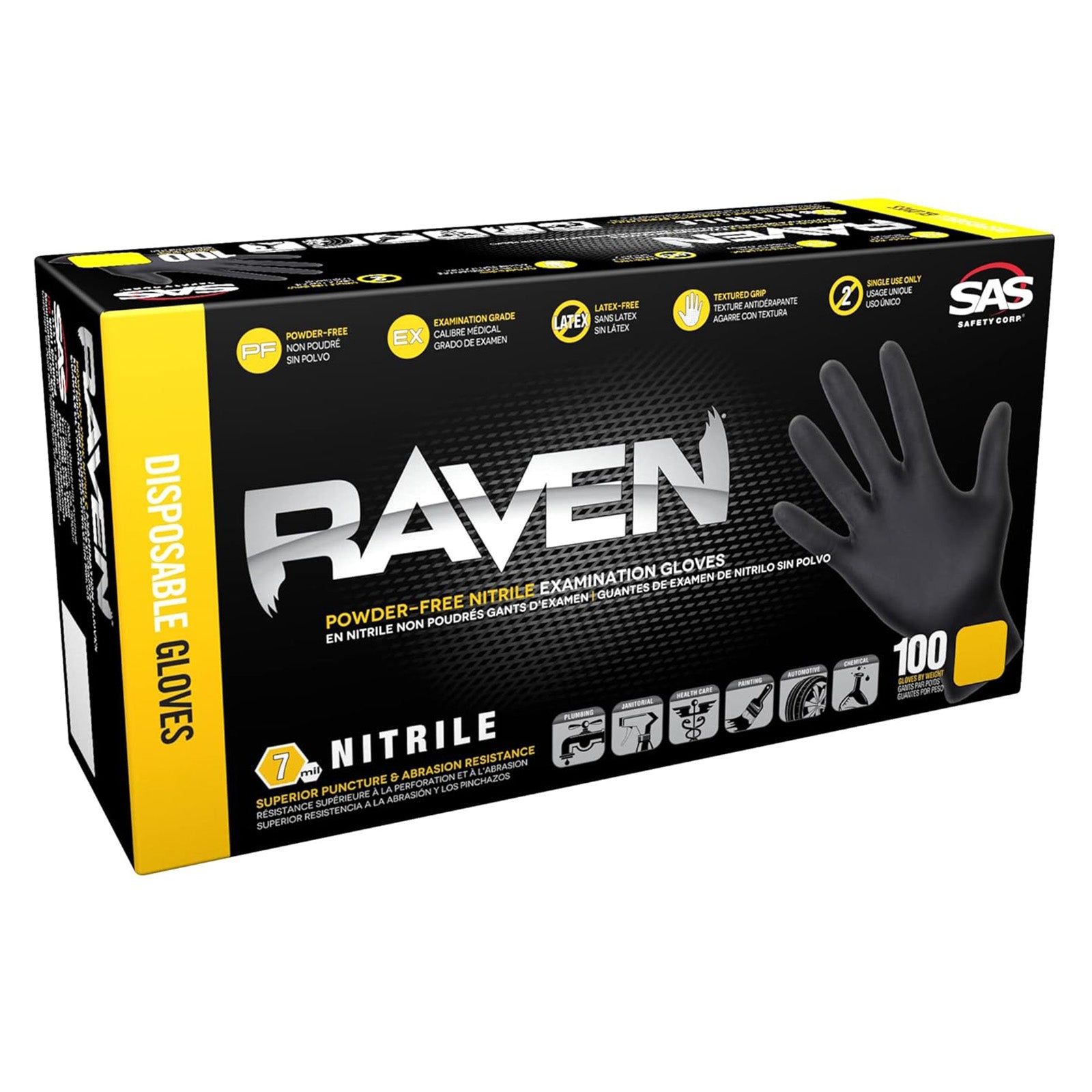 Raven Powder-Free Nitrile 7-Mil Black Disposable Gloves (100 Gloves)