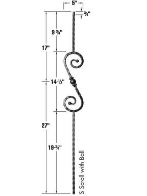 Iron Baluster 9034 - 9/16" Hammered Face - S Scroll With Ball